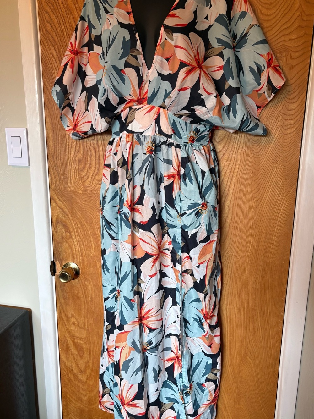 Floral Maxi Dress with Deep V-Neck in Navy and Coral